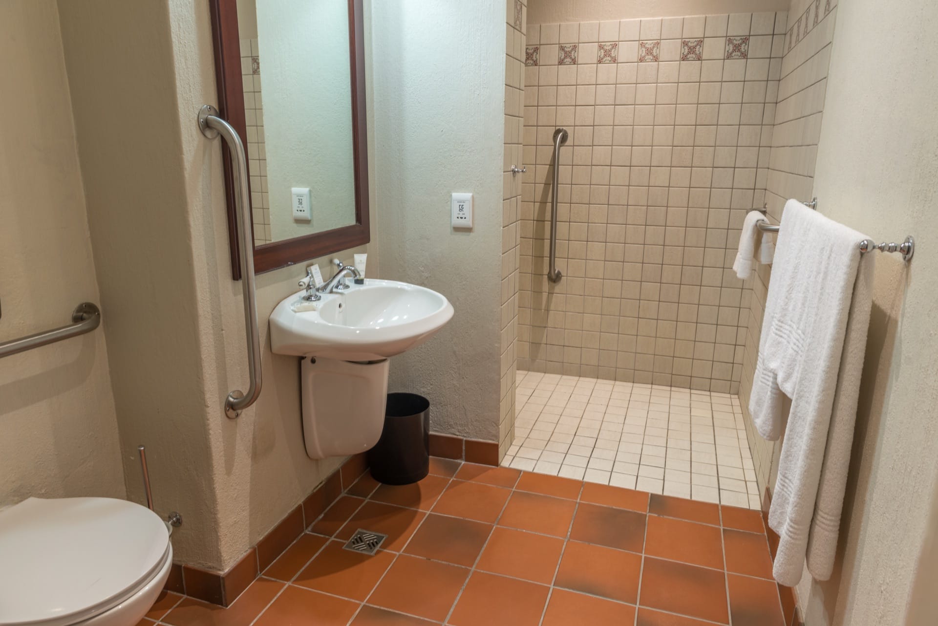 Wheelchair-accessible bathroom with grab rails and roll-in shower at Frontier Inn, Bethlehem